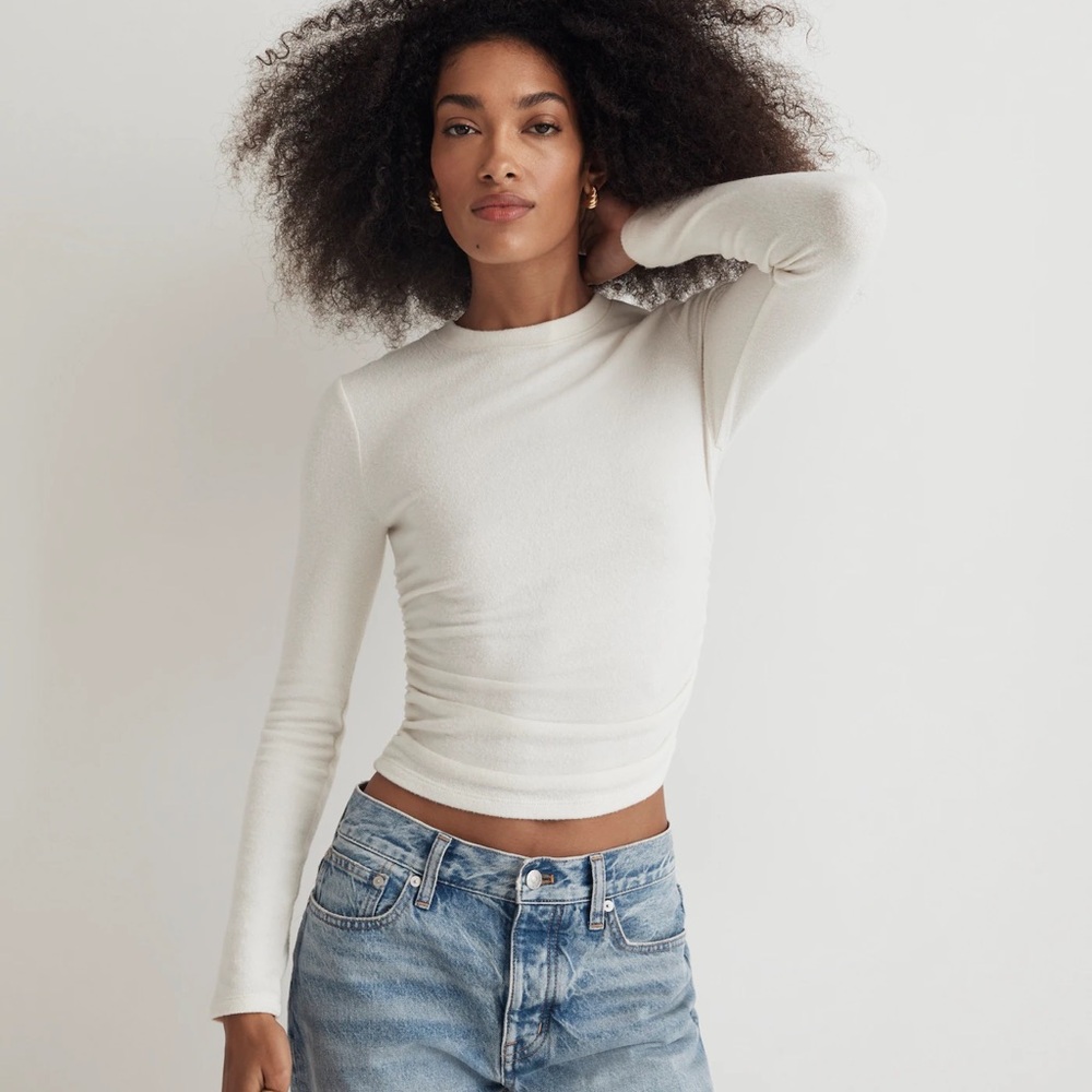 Madewell Women’s Cream Brushed Jersey Ruched Long-Sleeve Tee